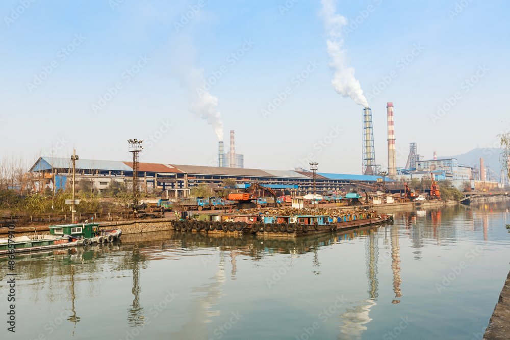 Industrial plant with smoke stacks, industrial area