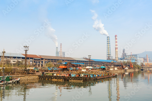 Industrial plant with smoke stacks, industrial area