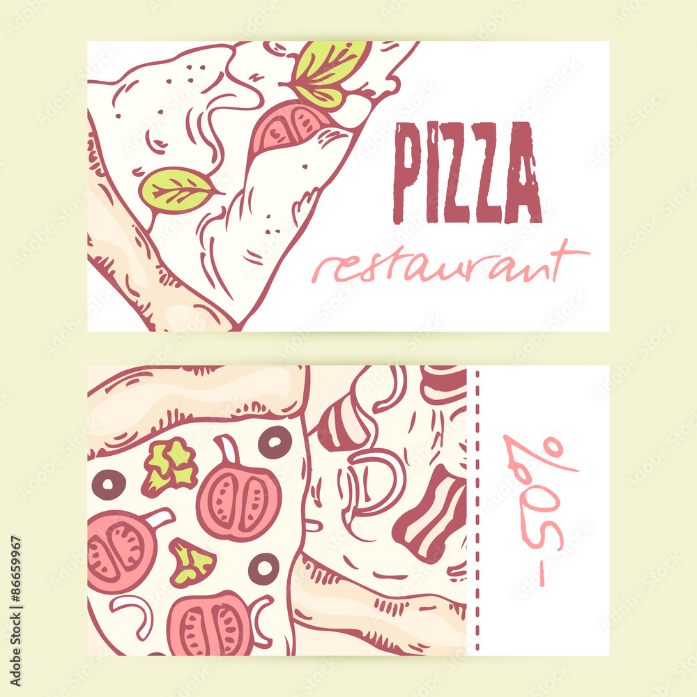 Business cards templates with different hand drawn pizza slices. Vector illustration