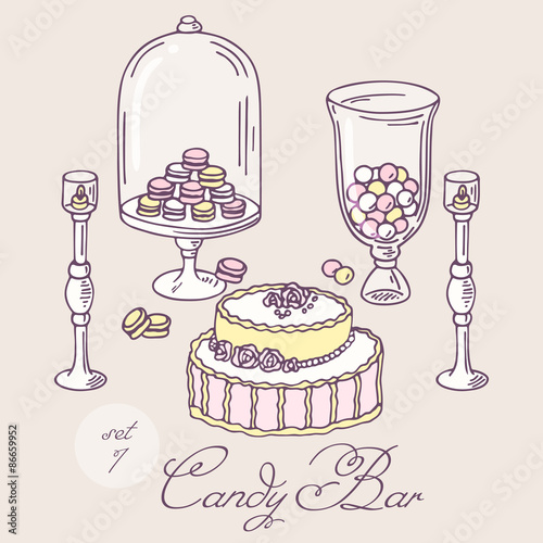 Set of hand drawn candy bar objects. Bakery goods clip art