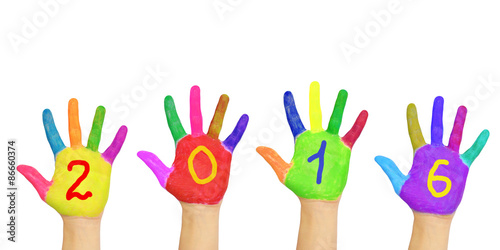 Kids colorful hands forming number 2016.