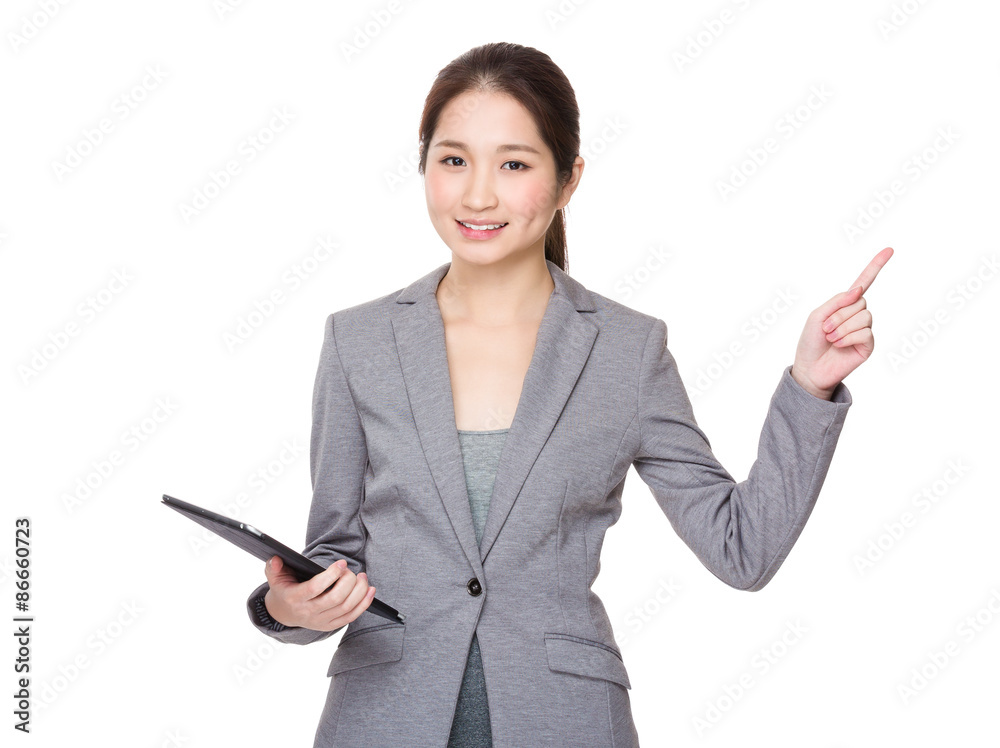 Businesswoman hold with tablet and finger point up Businesswoman hold with tablet and finger point up