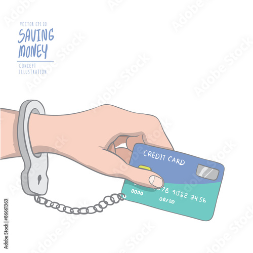 A hand handcuffed tethered to a credit card. Drawing paint flat