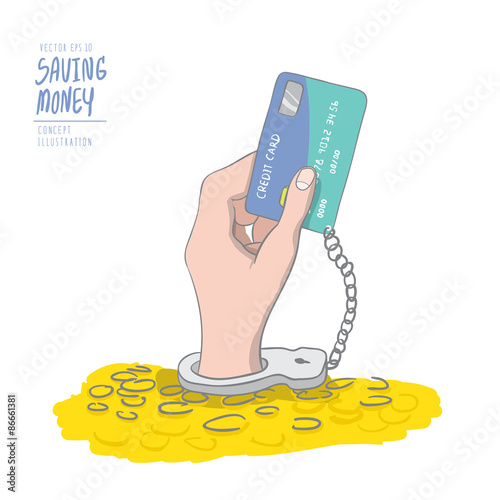 A hand handcuffed tethered to a credit card out of pile coins. D