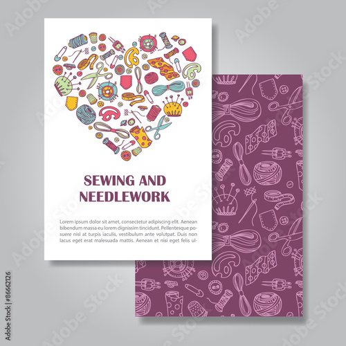 Two sides invitation card design with sewing and needlework illu