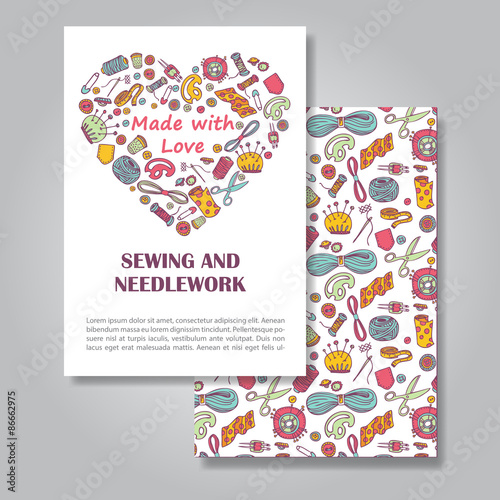 Two sides invitation card design with sewing and needlework illu