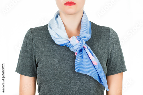Silk scarf. Blue silk scarf around her neck isolated on white background.
