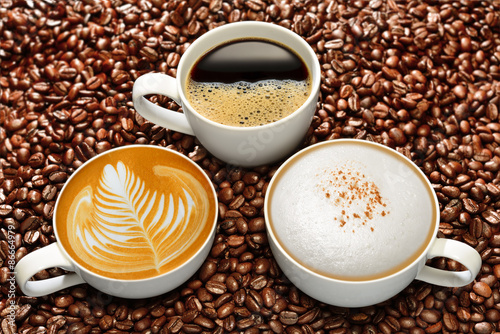 Variety of cups of coffee on coffee beans background