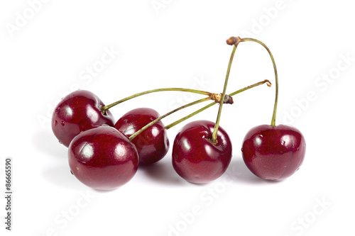 Five ripe cherries isolated on white
