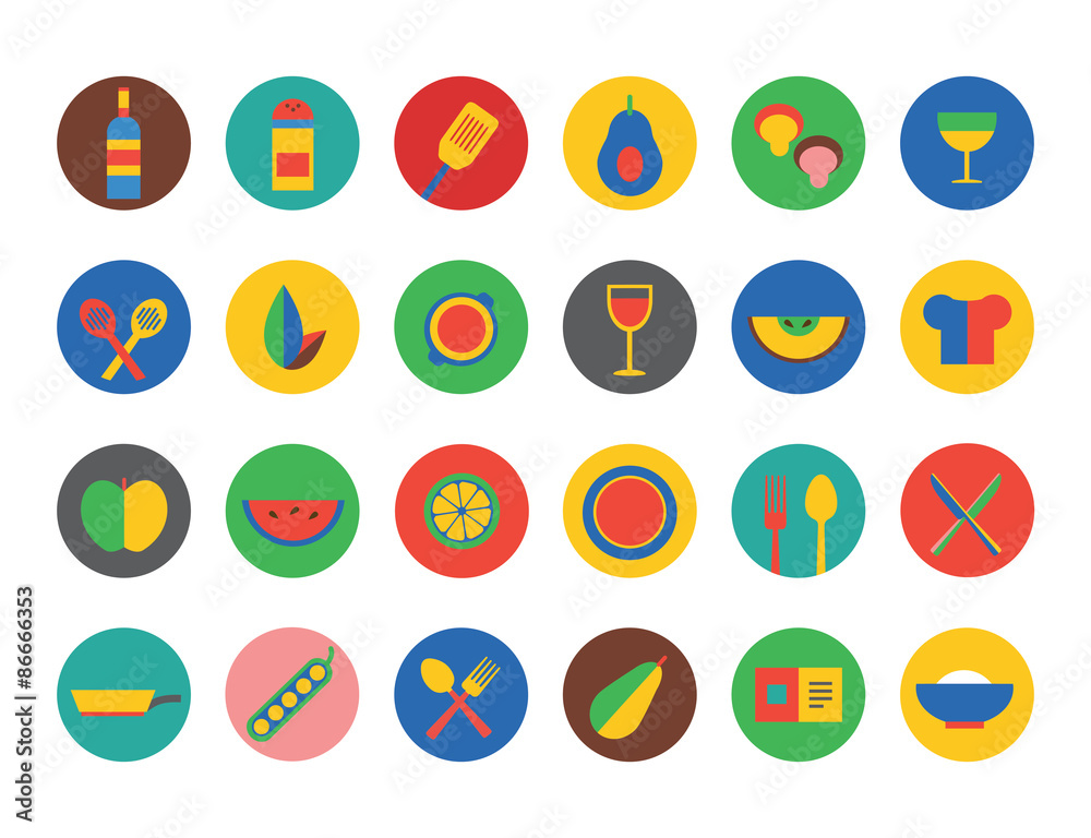Kitchen Food Icons Vector Set. Fruit, dinner or eating and Kitchen Food Icons Vector Set. Fruit, dinner or eating and