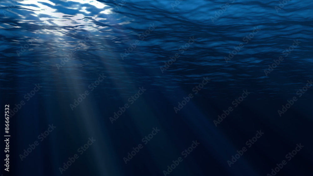 High quality perfectly seamless loop of deep blue ocean waves from underwater background, light rays shining through, high definition 4k