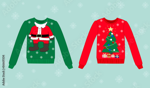 Christmas sweater on blue background with snowflakes