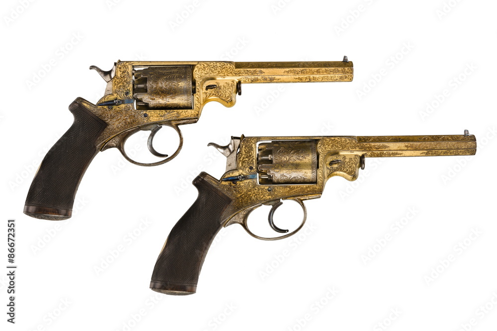 Pistols pair original decorated gold ornate revolvers Pistols pair original decorated gold ornate revolvers