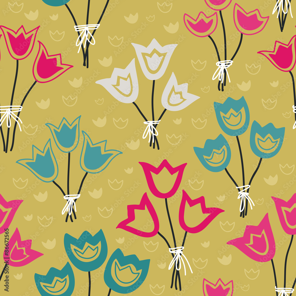 Cute seamless floral pattern with tulips on pastel background. Vector illustration. Endless pattern. Cute seamless floral pattern with tulips on pastel background. Vector illustration. Endless pattern.
