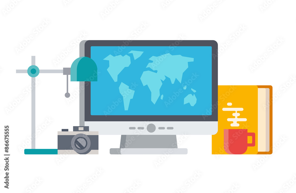 Computer with lamp, camera, book and cup of coffee Computer with lamp, camera, book and cup of coffee