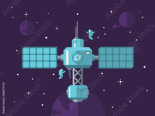 Satellite with Astronauts in Outer Space