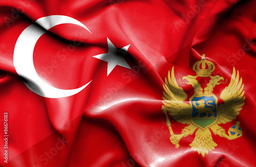 Waving flag of Montenegro and Turkey
