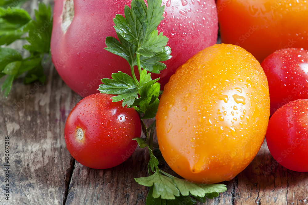 Assorted tomatoes: orange, pink, red cherry tomatoes with parsle Assorted tomatoes: orange, pink, red cherry tomatoes with parsle