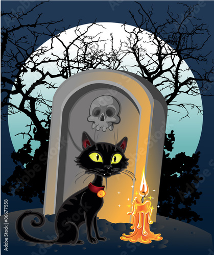 Halloween decoration - a grave with a black cat in the night