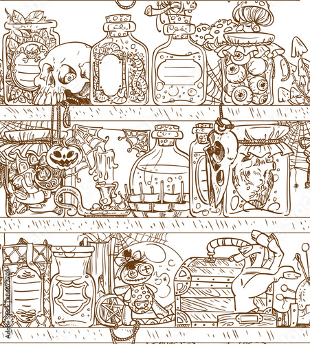 Seamless background shelves with Halloween witch paraphernalia