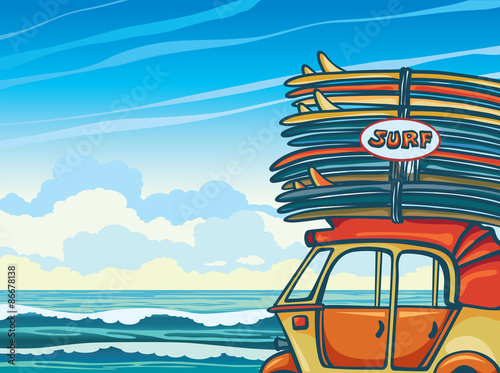 Auto rickshaw with surfboards and sea. Surfing.