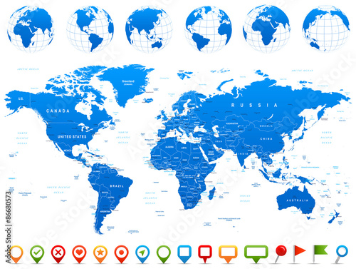 Fototapeta Naklejka Na Ścianę i Meble -  World Map, Globes, Continents, Navigation Icons - illustration.Highly detailed vector illustration of world map, globes and continents.
