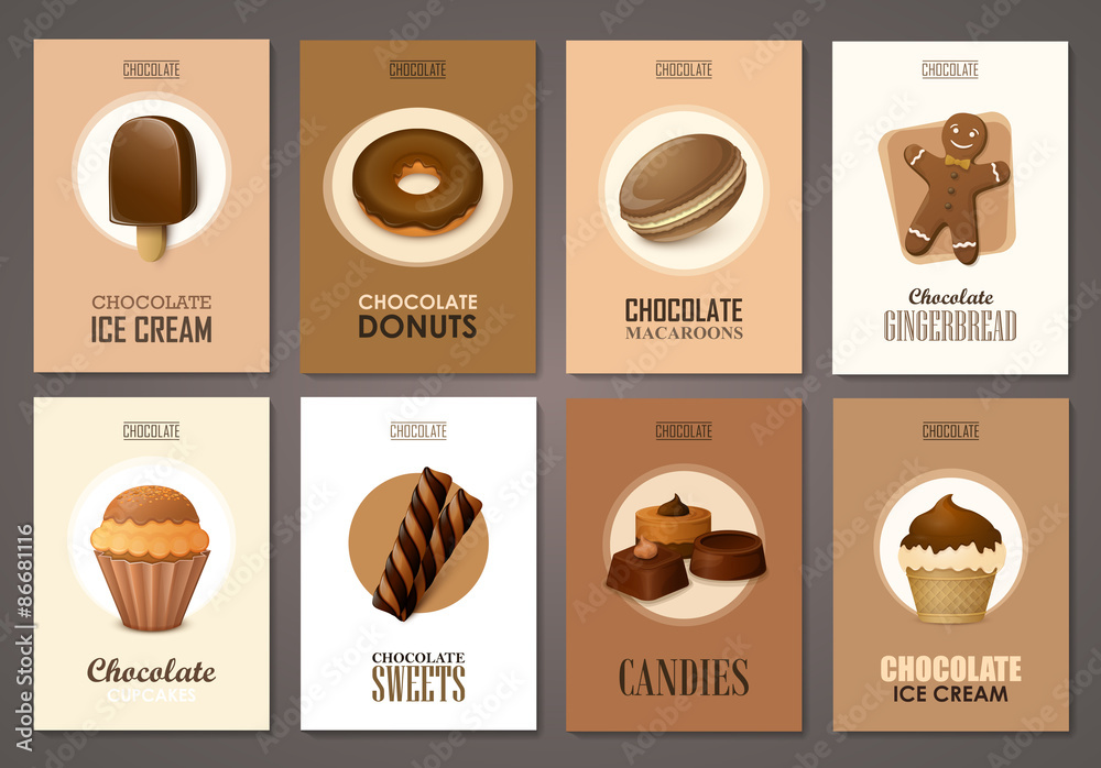 Set of brochures with sweets. Vector templates. Backgrounds with chocolate ice cream, cupcakes and candies.