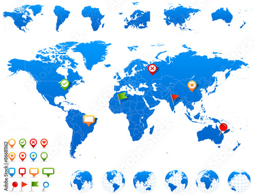 World Map, Globes and Navigation Icons - illustration.Vector illustration of ...