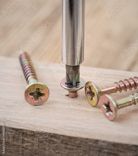 Screwdriver and screw on wood