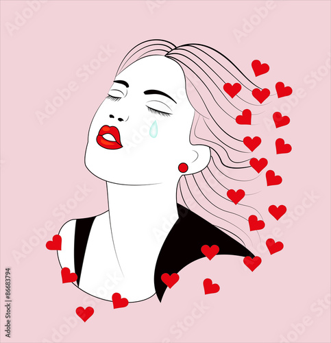 vector illustration of a beautiful crying girl on a pink background