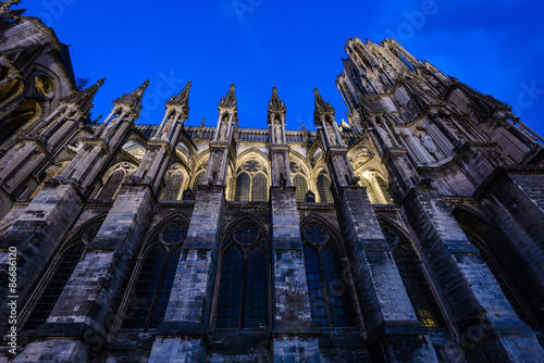 Reims (Marne, Champagne-Ardenne, France) - Exterior of the cathedral in gothic style at night.