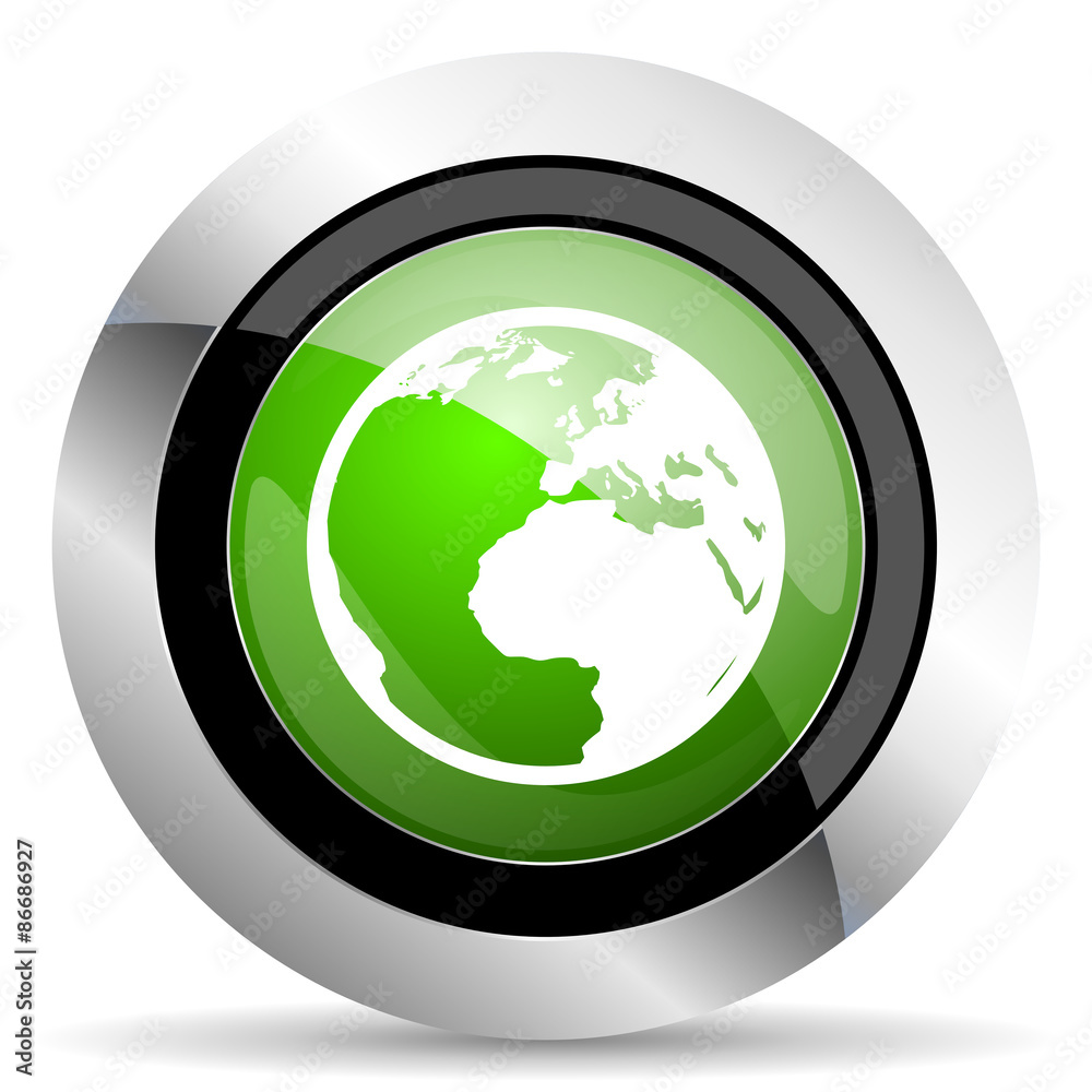 earth icon, green button, world sign