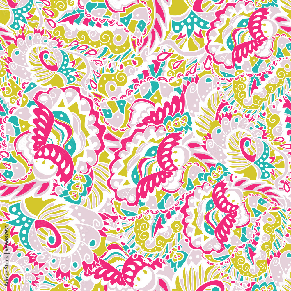 Seamless hand-drawn pattern with abstract leaves and flowers. Seamless hand-drawn pattern with abstract leaves and flowers.