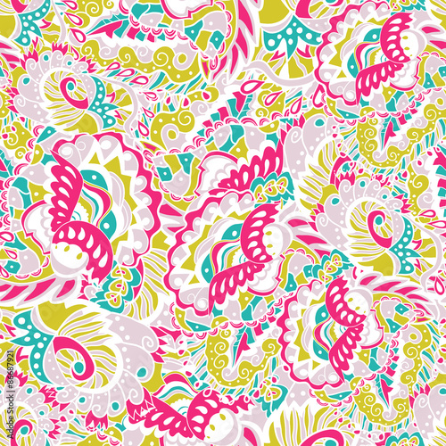 Seamless hand-drawn pattern with abstract leaves and flowers. © kollibri