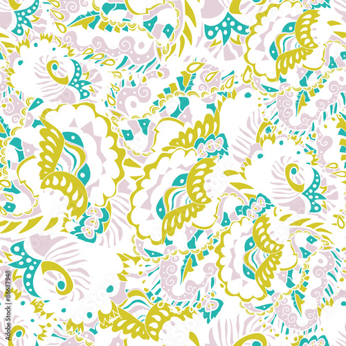 Abstract seamless hand-drawn pattern with leaves and flowers.