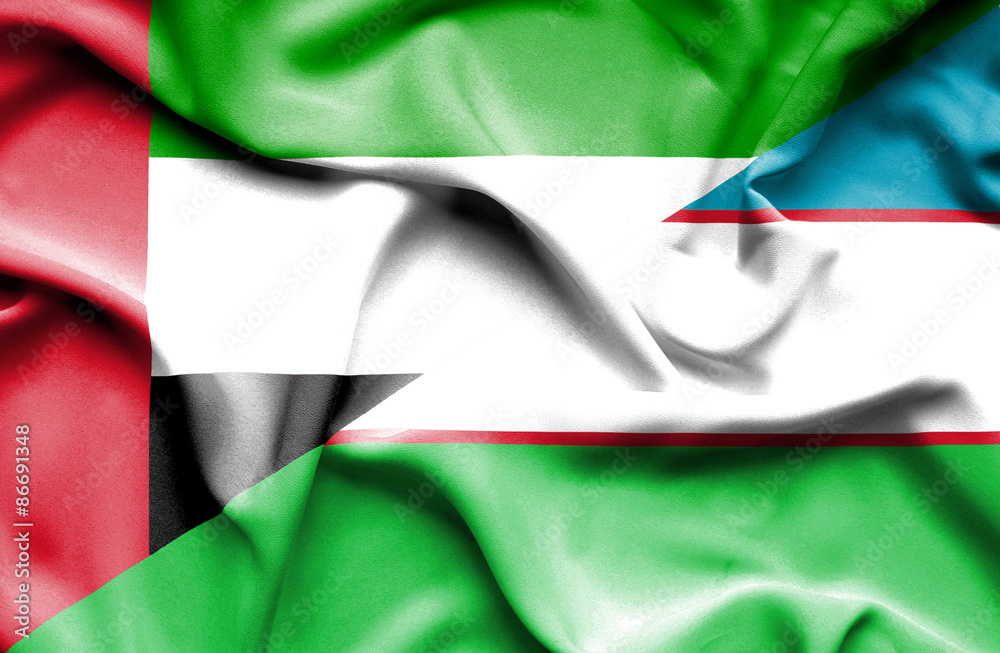 Obraz premium Waving flag of Uzbekistan and United Arab Emirates