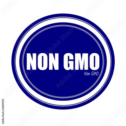 NON GMO white stamp text on blue