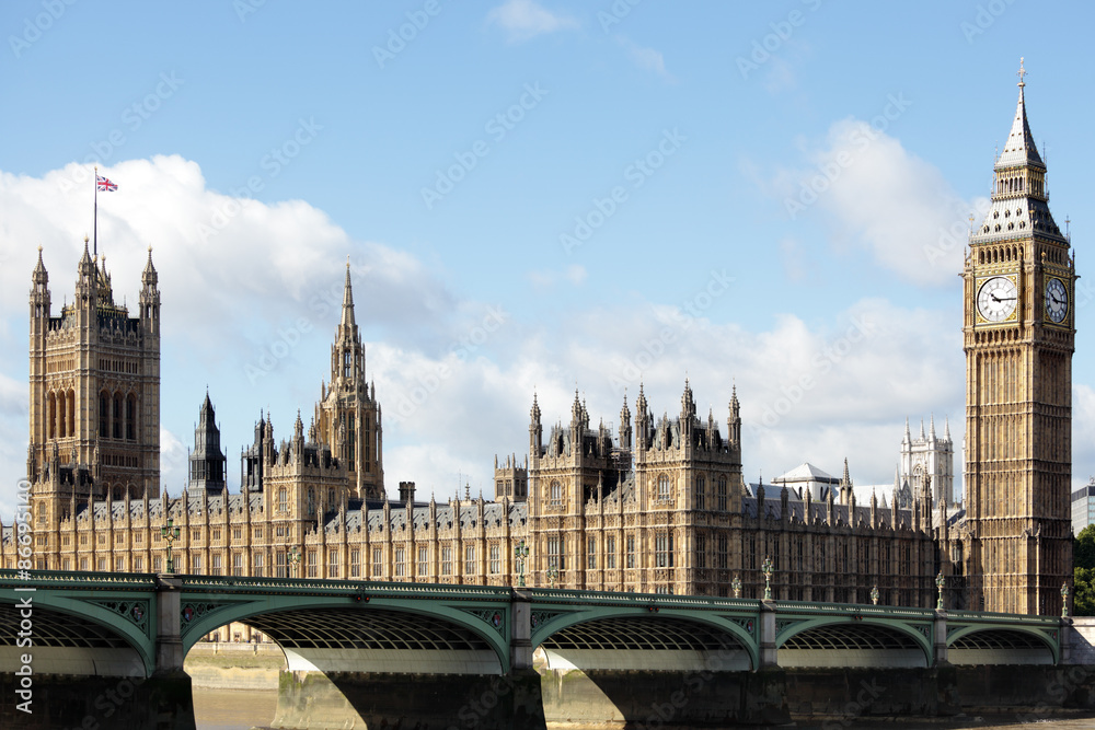 Big Ben London clock tower houses of parliament with river thames and westminster bridge landscape view photo