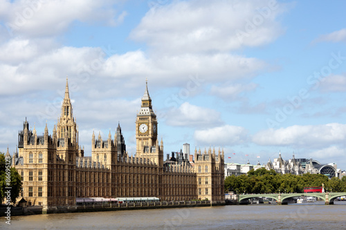 Big Ben London clock tower houses of parliament with river thames and westminster bridge landscape view photo