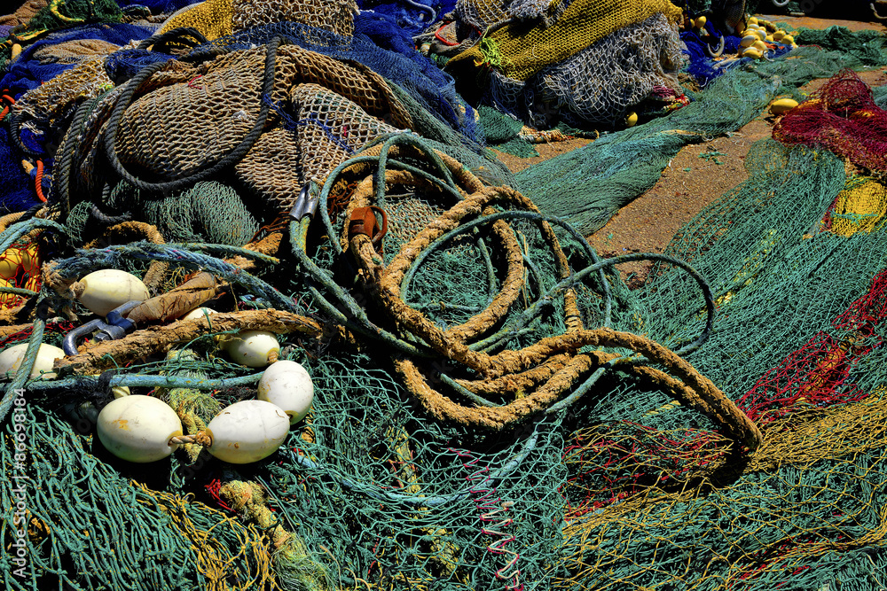 fishing nets in Cala Rajada harbour, Mallorca, Spain, 