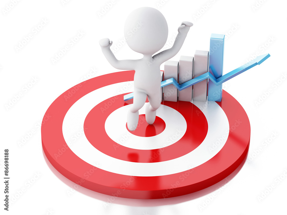 3d white people with business statistic graph in red target. 3d white people with business statistic graph in red target.