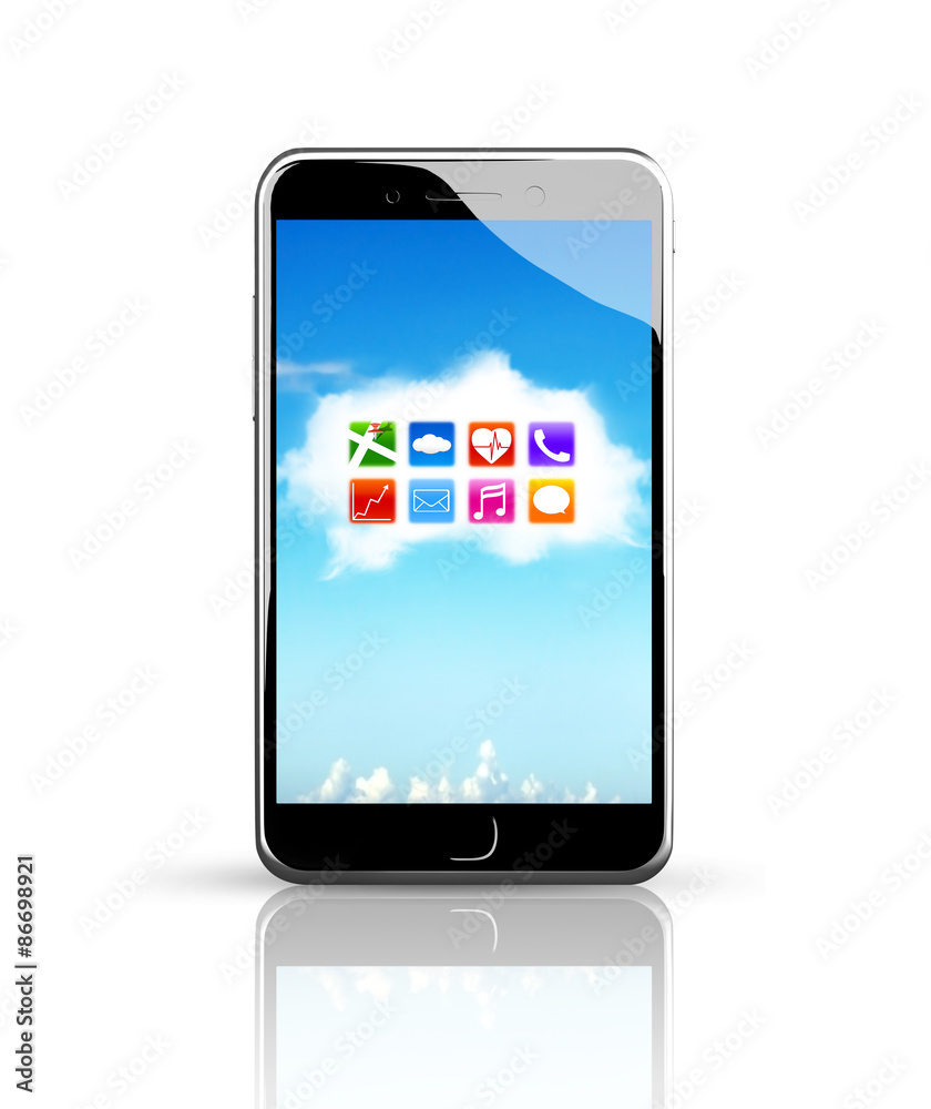 Smart phone with colorful app icons white cloud touchscreen Smart phone with colorful app icons white cloud touchscreen