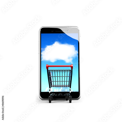 Shopping cart going into smart phone with white cloud touchscree photo