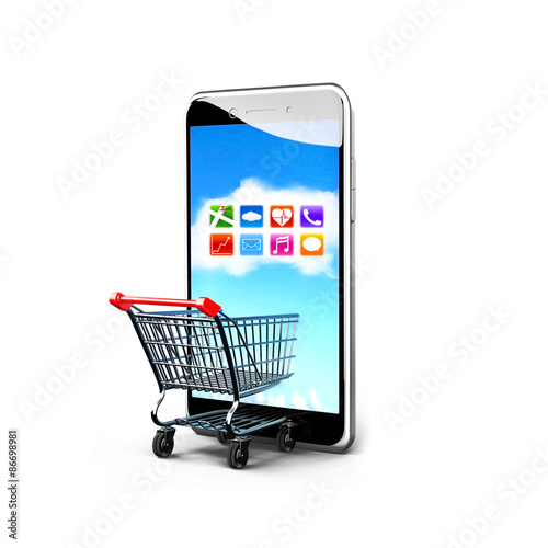 Shopping cart and smart phone with colorful app icons touchscree photo