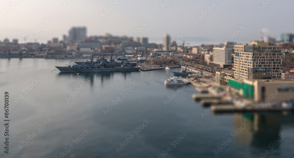 Vladivostok cityscape. Winter. Cloudy day. High point view.