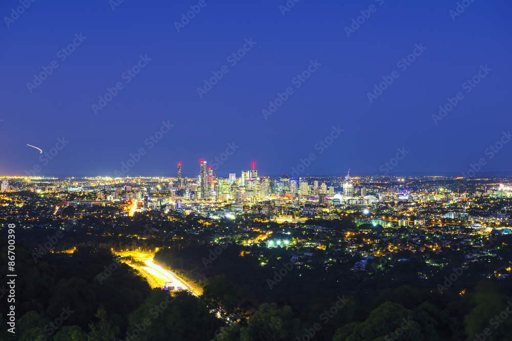 View of the Brisbane City from Mount Coot-tha at night. Queensland, Australia.