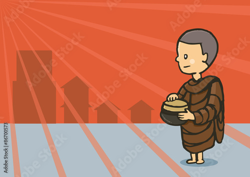 monk hold bowl food in early morning
