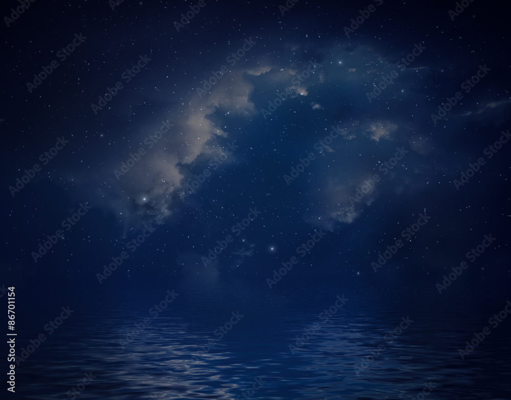 Space background with nebula and stars reflected in water surface.