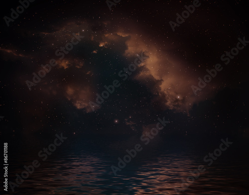 Fototapeta Naklejka Na Ścianę i Meble -  Space background with nebula and stars reflected in water surface.