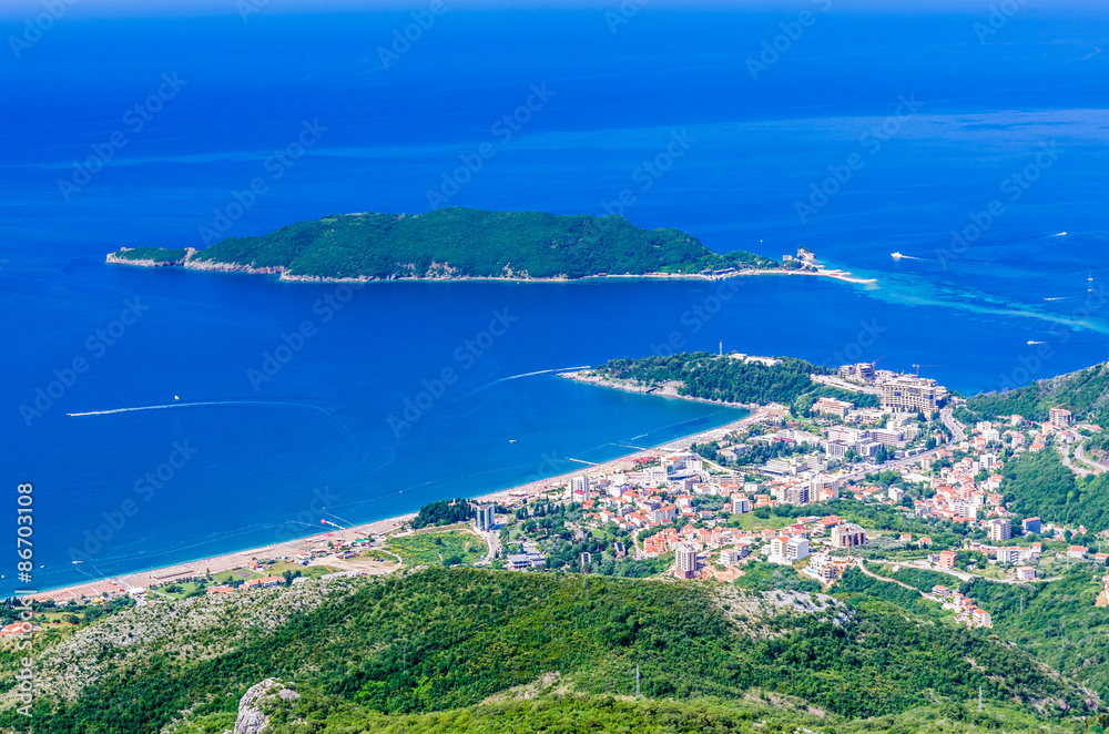 View on mountain, sea, Budva and Sveti Nikola island
